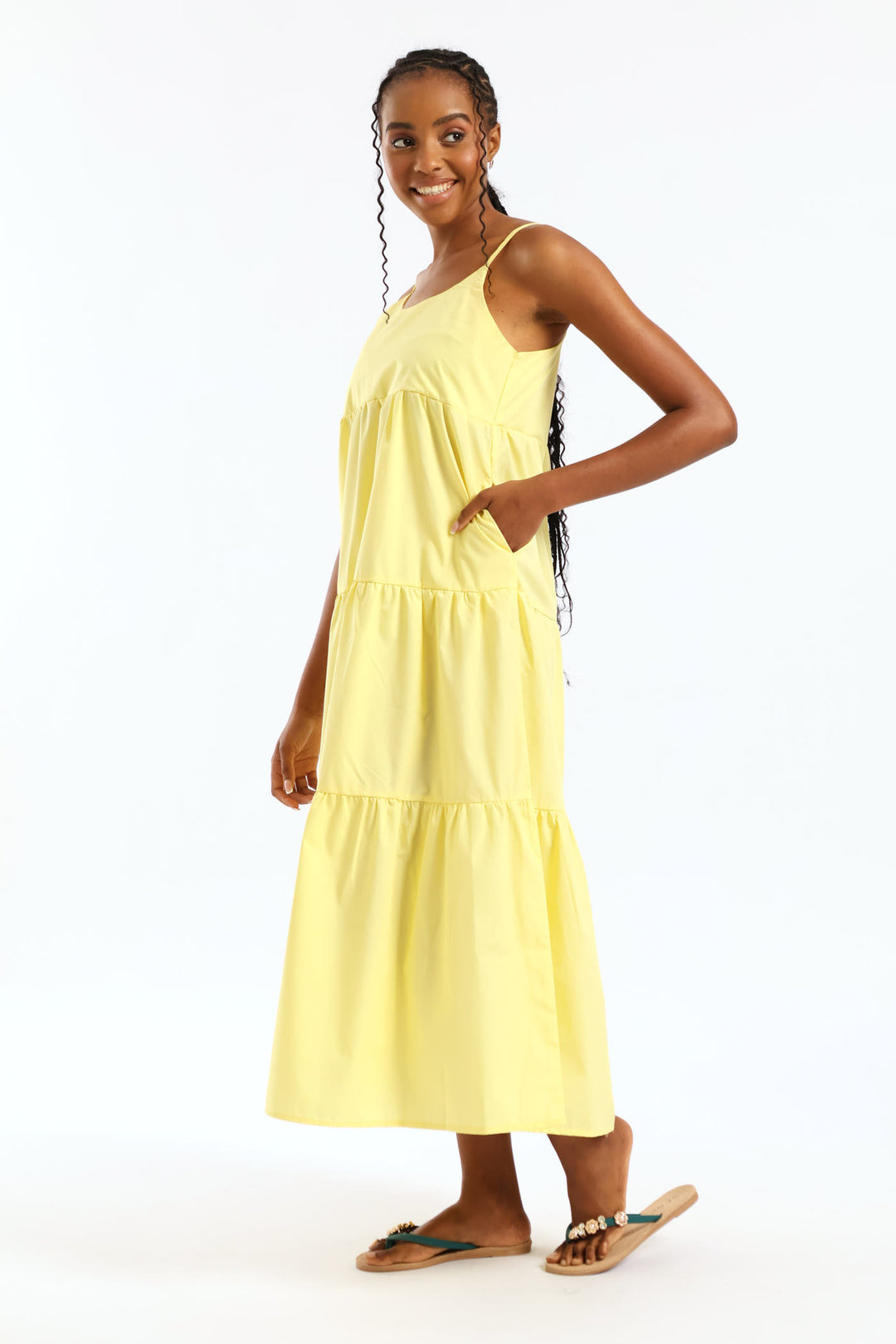 Strappy Tiered Poplin Maxi Dress - Pastel Yellow
