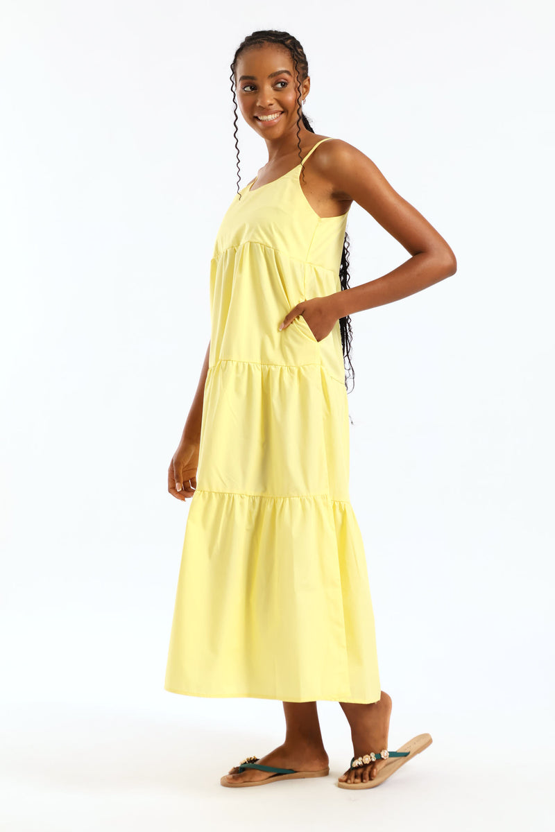 Strappy Tiered Poplin Maxi Dress - Pastel Yellow