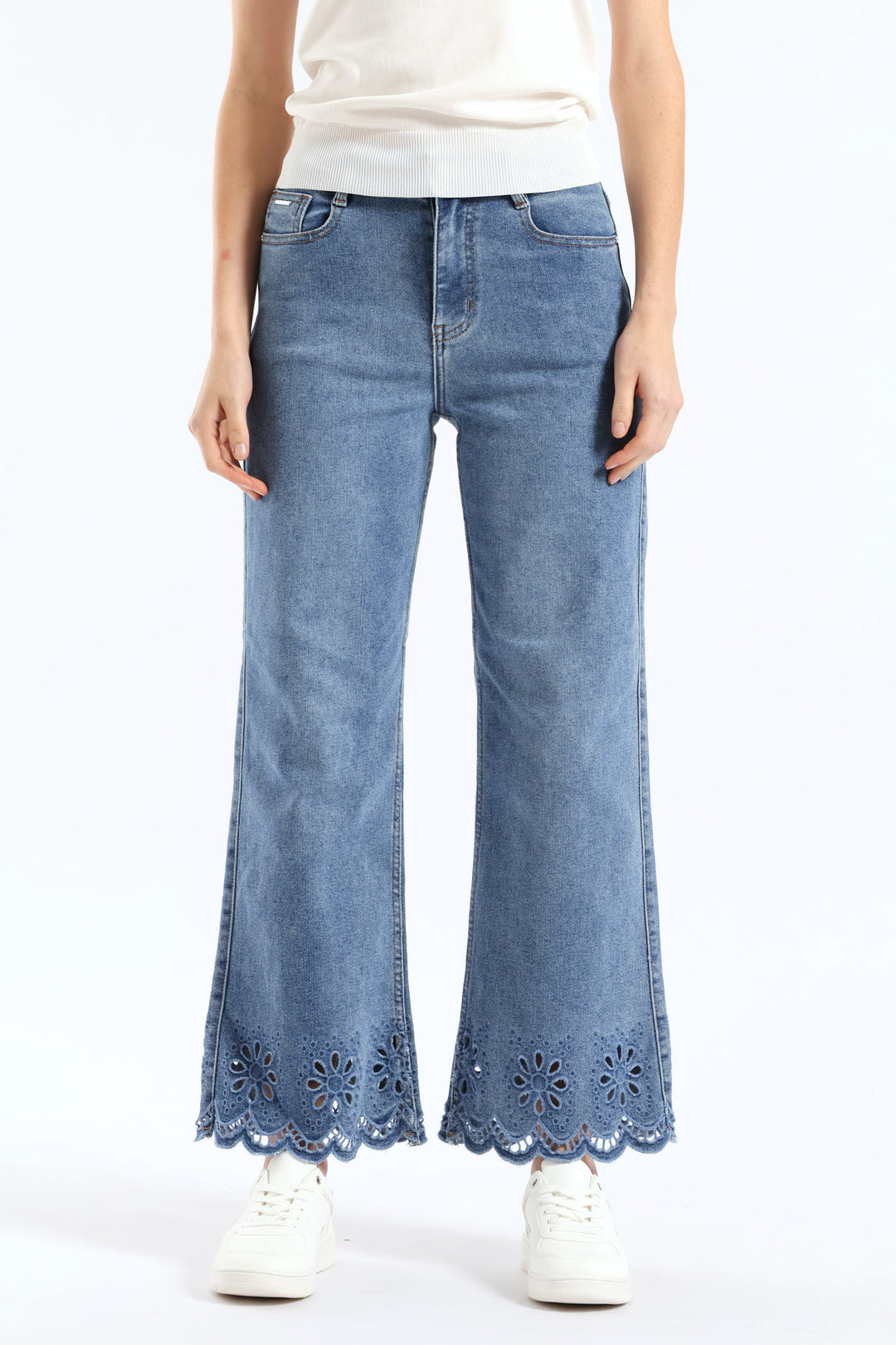 High Waisted Anglaise Hem Cropped Wide Leg Denim - Medium Wash