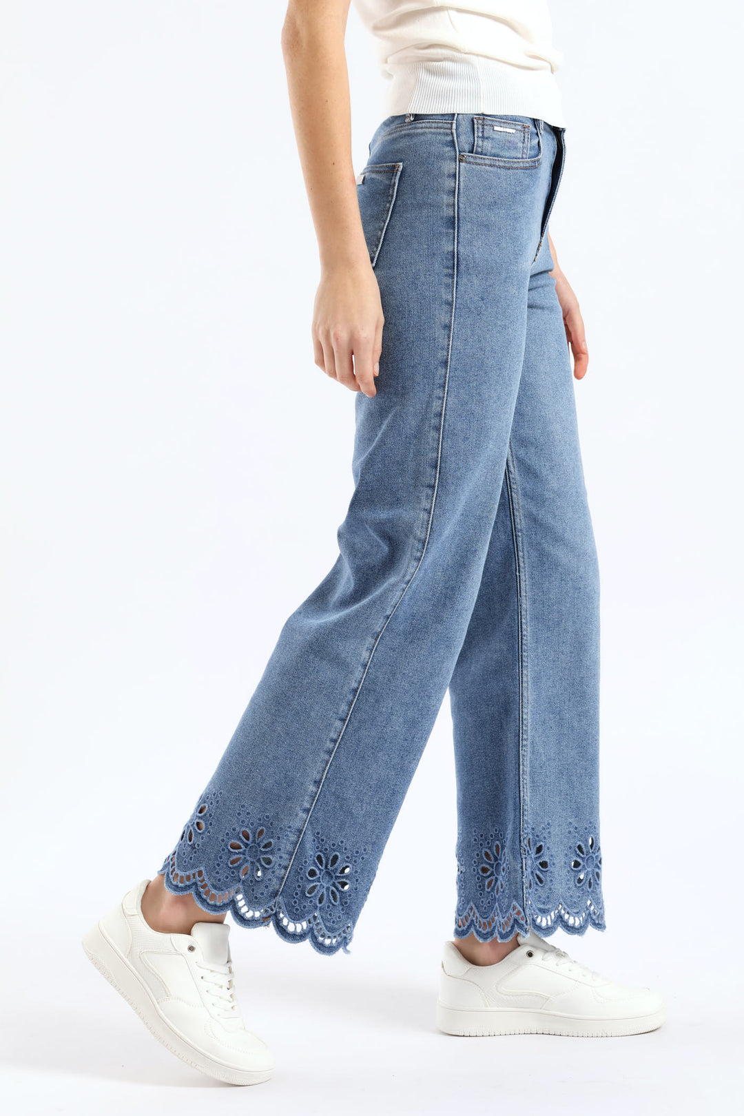 High Waisted Anglaise Hem Cropped Wide Leg Denim - Medium Wash