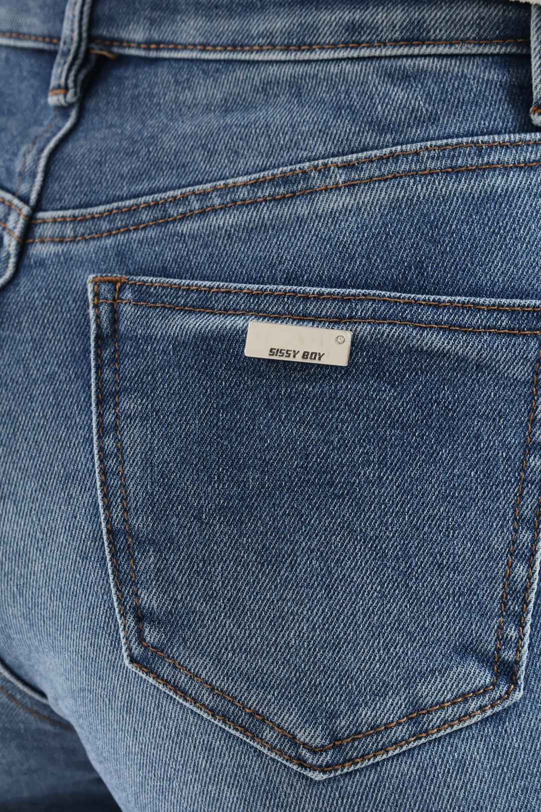 High Waisted Anglaise Hem Cropped Wide Leg Denim - Medium Wash