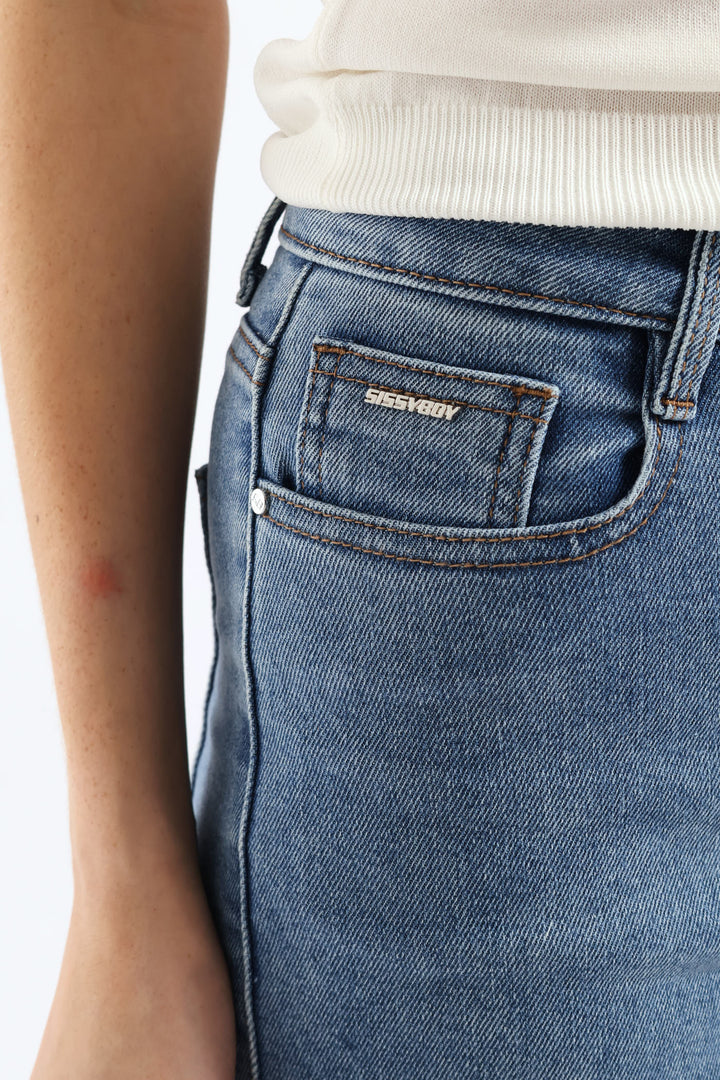 High Waisted Anglaise Hem Cropped Wide Leg Denim - Medium Wash