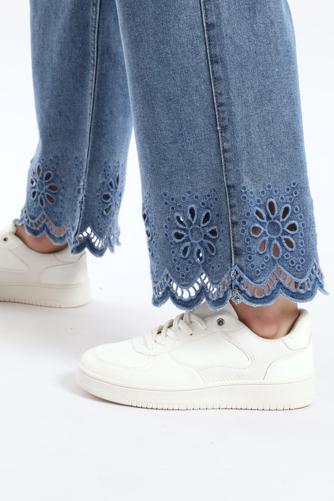 High Waisted Anglaise Hem Cropped Wide Leg Denim - Medium Wash