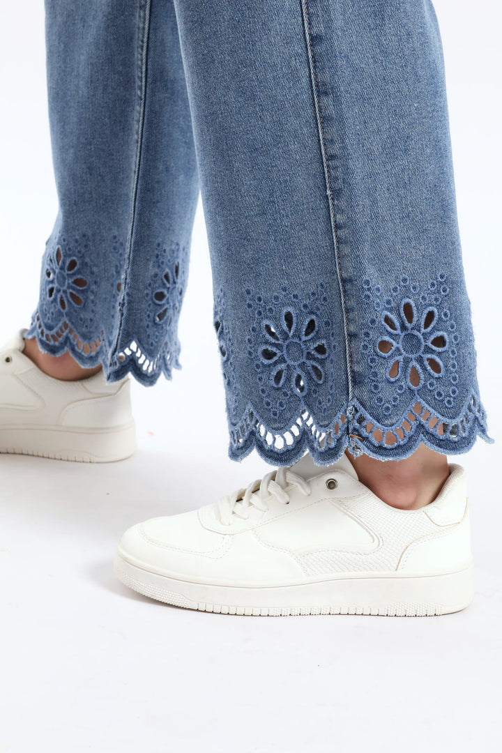 High Waisted Anglaise Hem Cropped Wide Leg Denim - Medium Wash