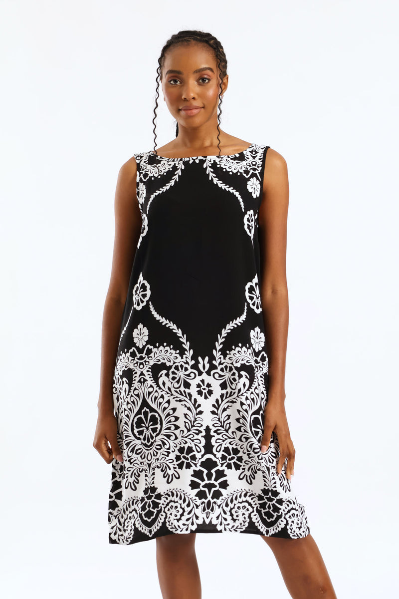 Border Print Detail Printed Shift Dress - Black/White
