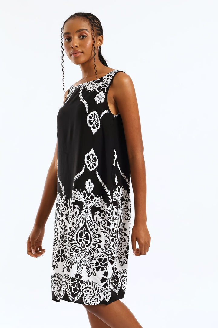 Border Print Detail Printed Shift Dress - Black/White