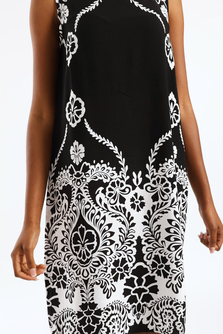 Border Print Detail Printed Shift Dress - Black/White