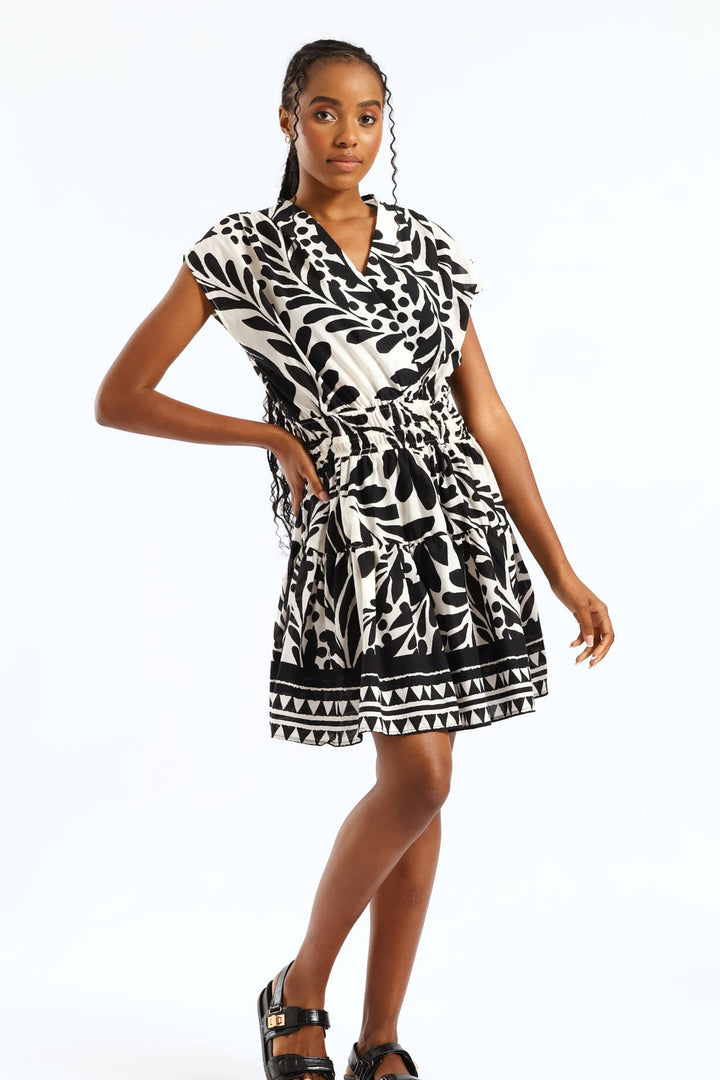 V-Neck Cross Over Elasticated Waist Mini Dress - Cream/Black