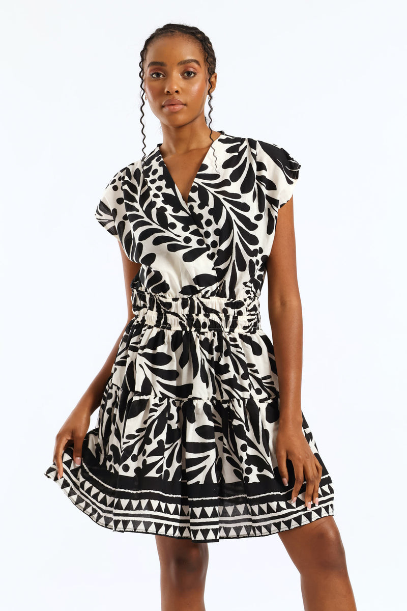 V-Neck Cross Over Elasticated Waist Mini Dress - Cream/Black