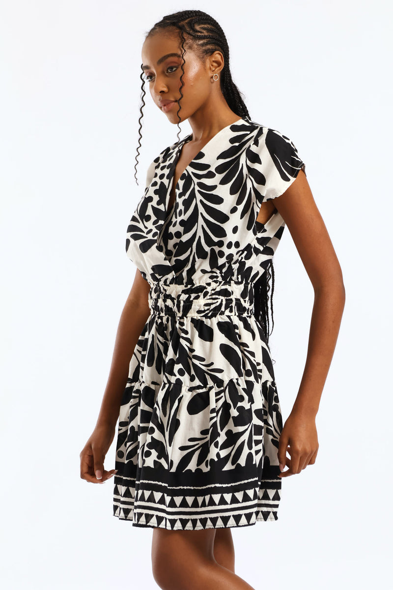 V-Neck Cross Over Elasticated Waist Mini Dress - Cream/Black