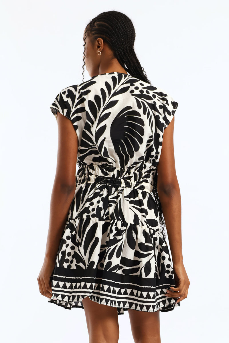 V-Neck Cross Over Elasticated Waist Mini Dress - Cream/Black