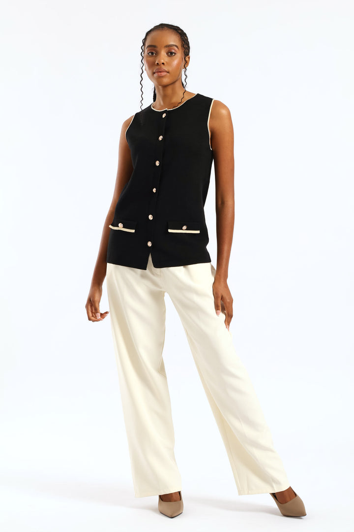 Preppy Long Length Knitwear Waistcoat - Black/Cream