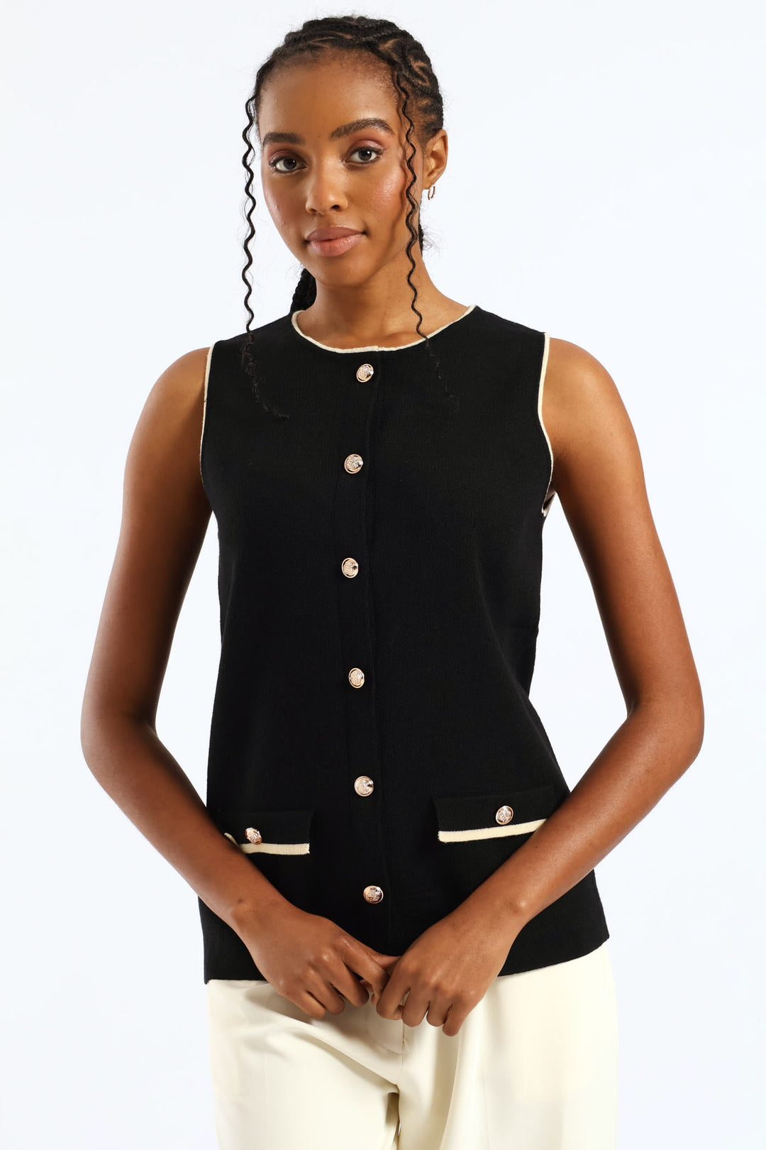 Preppy Long Length Knitwear Waistcoat - Black/Cream