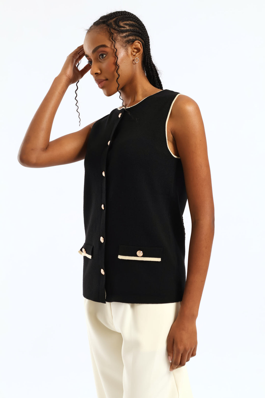 Preppy Long Length Knitwear Waistcoat - Black/Cream