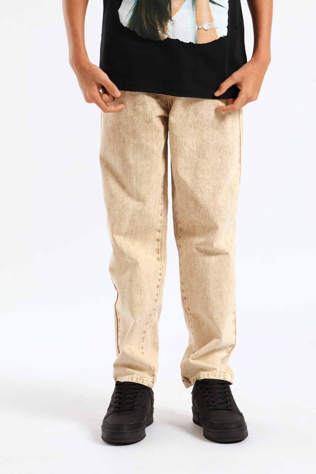 Boys Washed Bull Denim Loose Pant - Stone