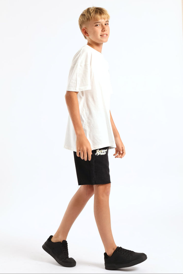 Boys Graffiti Rip Repair Denim Short - Black