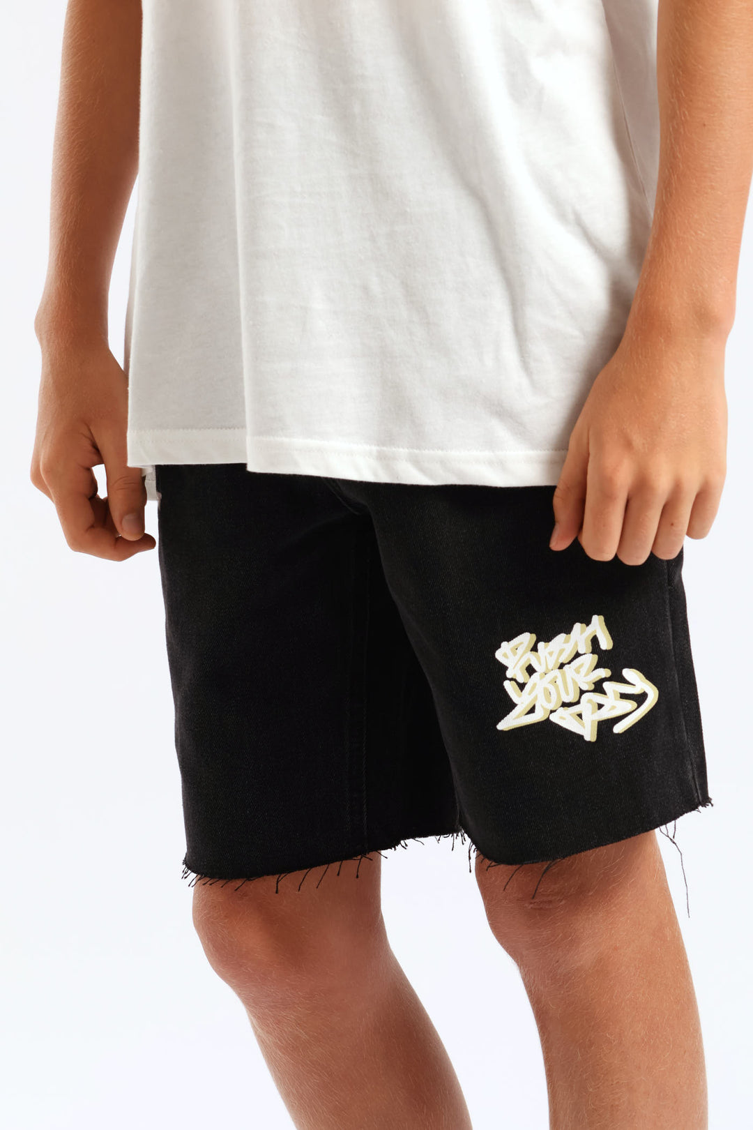Boys Graffiti Rip Repair Denim Short - Black