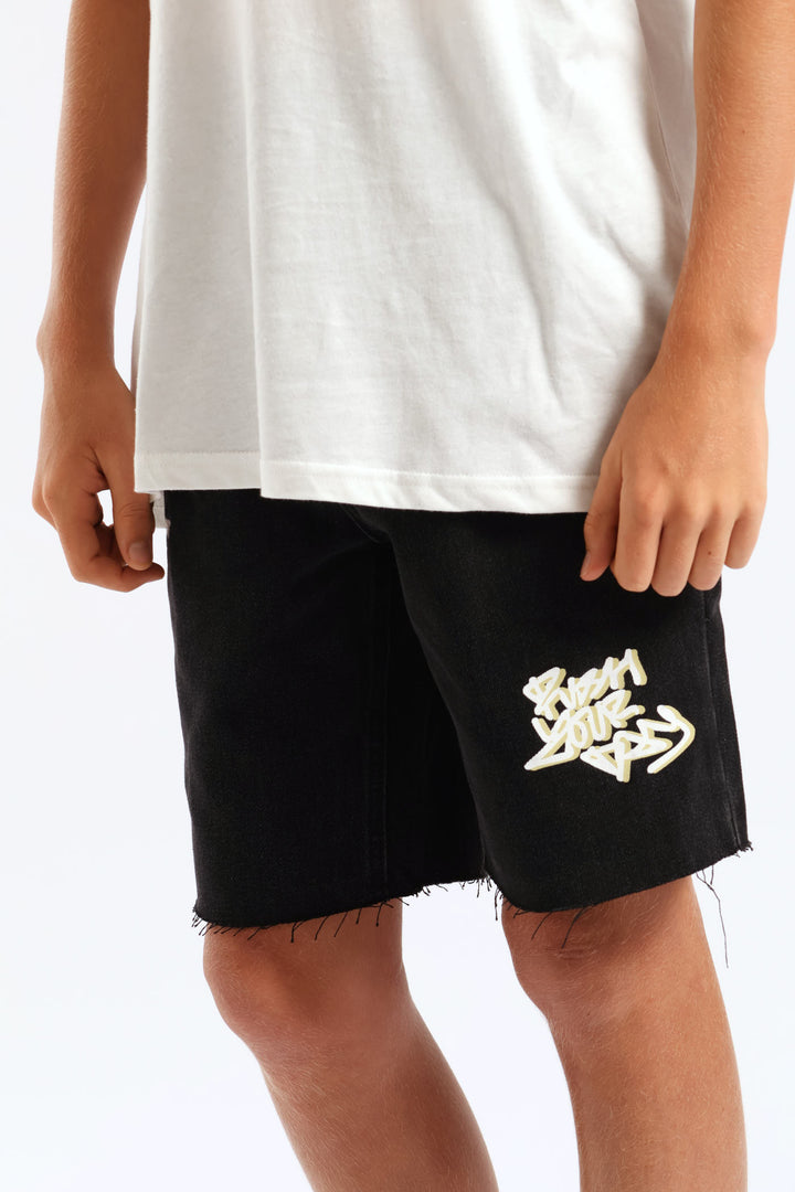Boys Graffiti Rip Repair Denim Short - Black