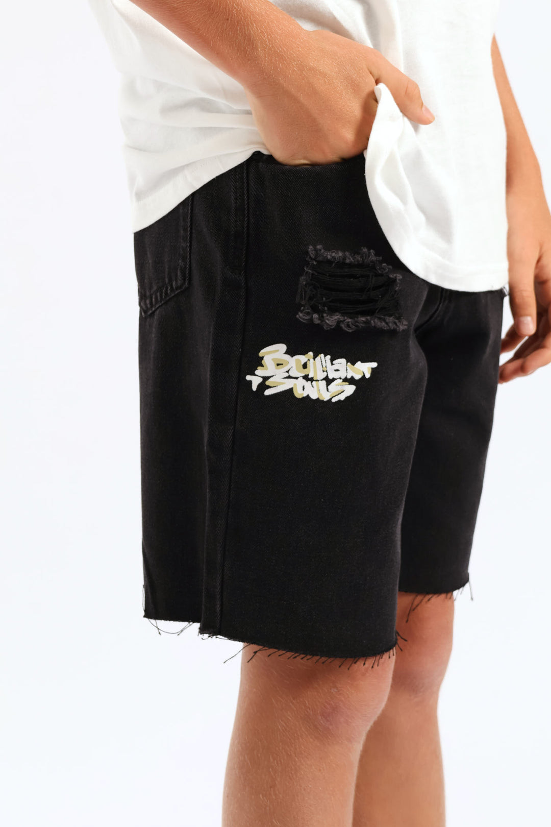 Boys Graffiti Rip Repair Denim Short - Black