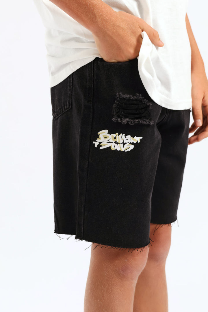 Boys Graffiti Rip Repair Denim Short - Black