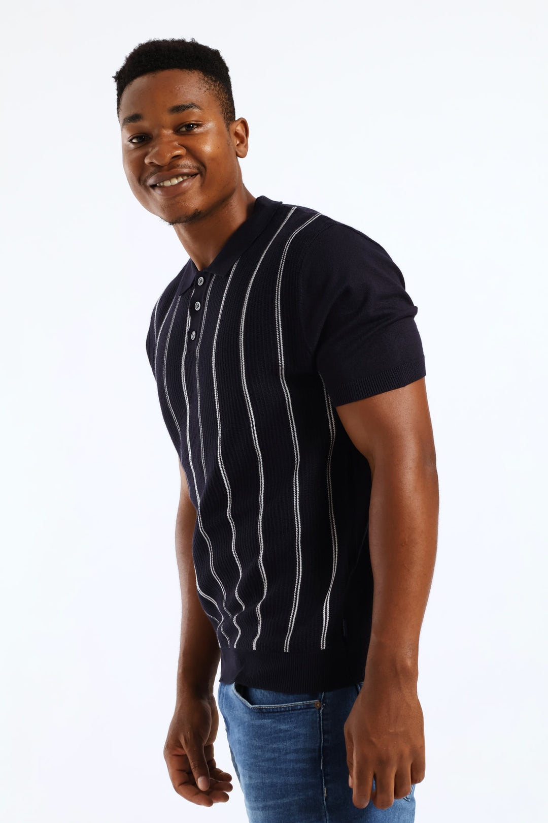 Thin Stripe Fine Gauge Golfer - Navy