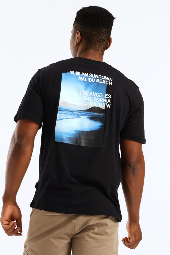 Sundown Malibu Beach Photo Front & Back Tee - Black