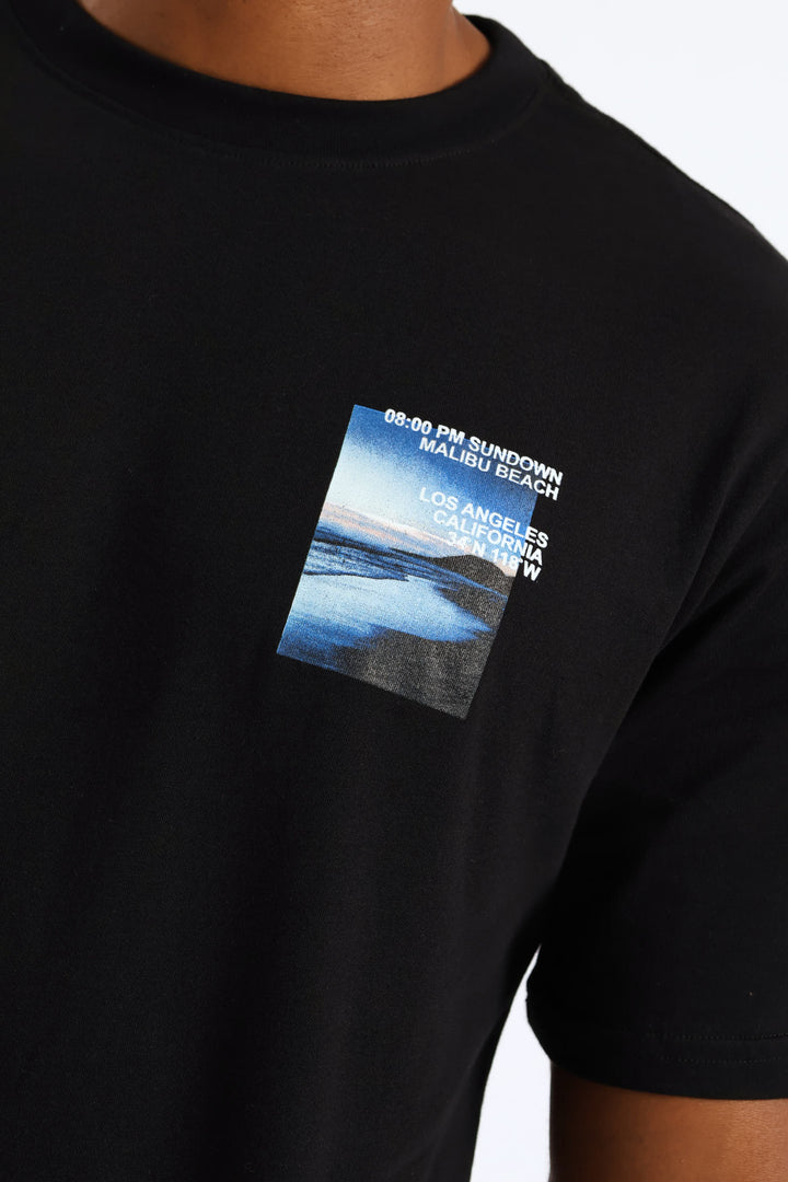 Sundown Malibu Beach Photo Front & Back Tee - Black