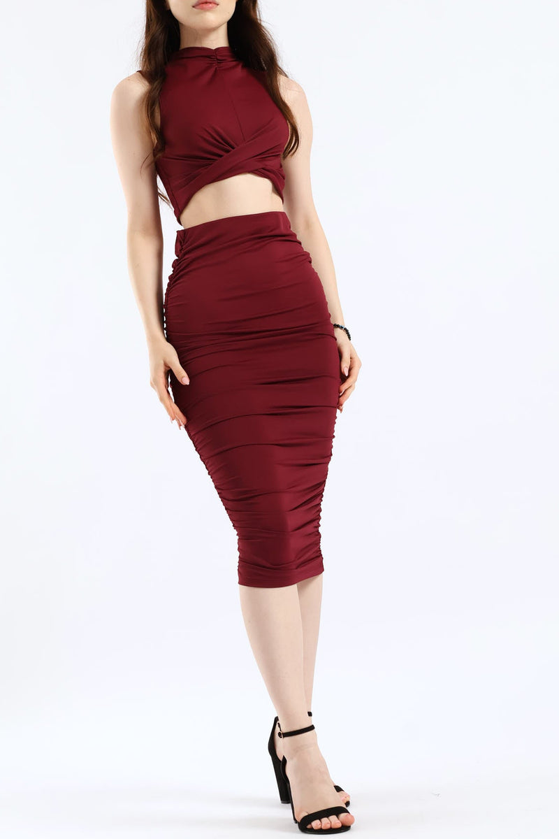 Bodycon Top & Midi Skirt Set - Burgundy