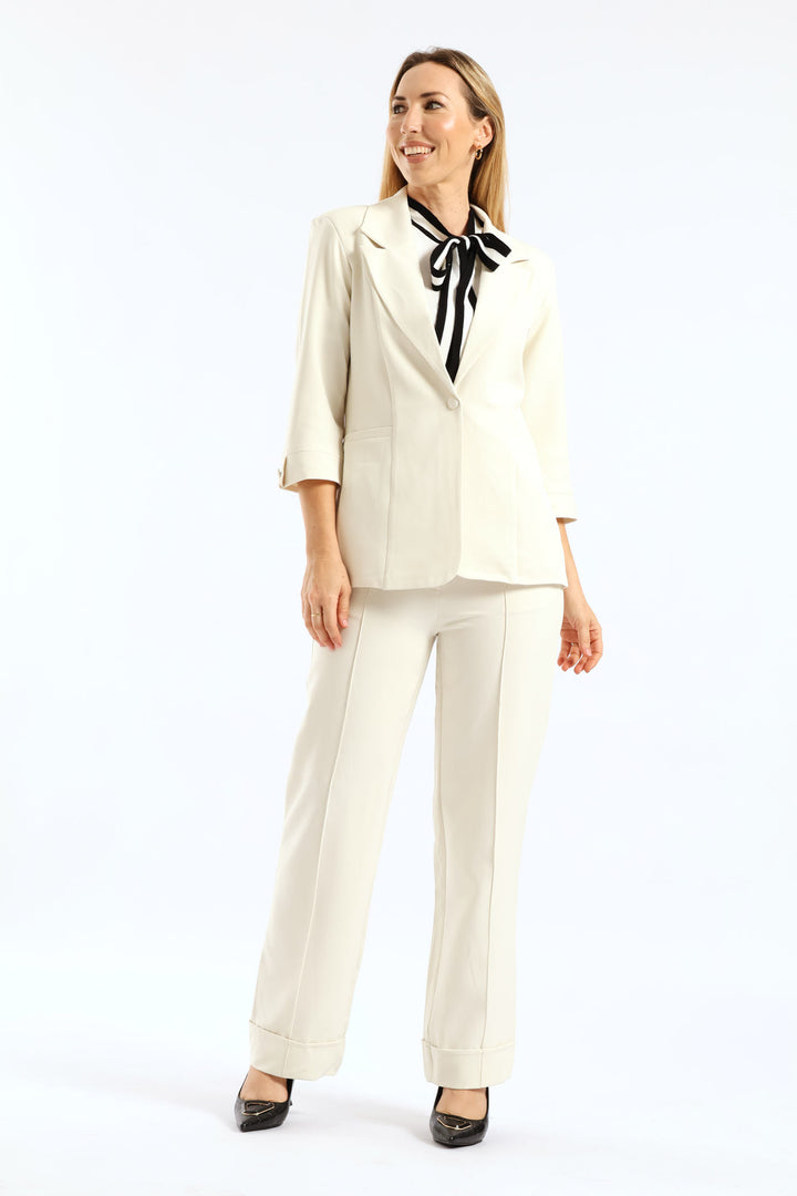 Pleat Button 3/4 Sleeve Blazer - Cream
