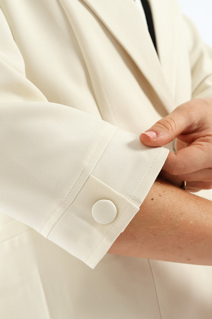 Pleat Button 3/4 Sleeve Blazer - Cream