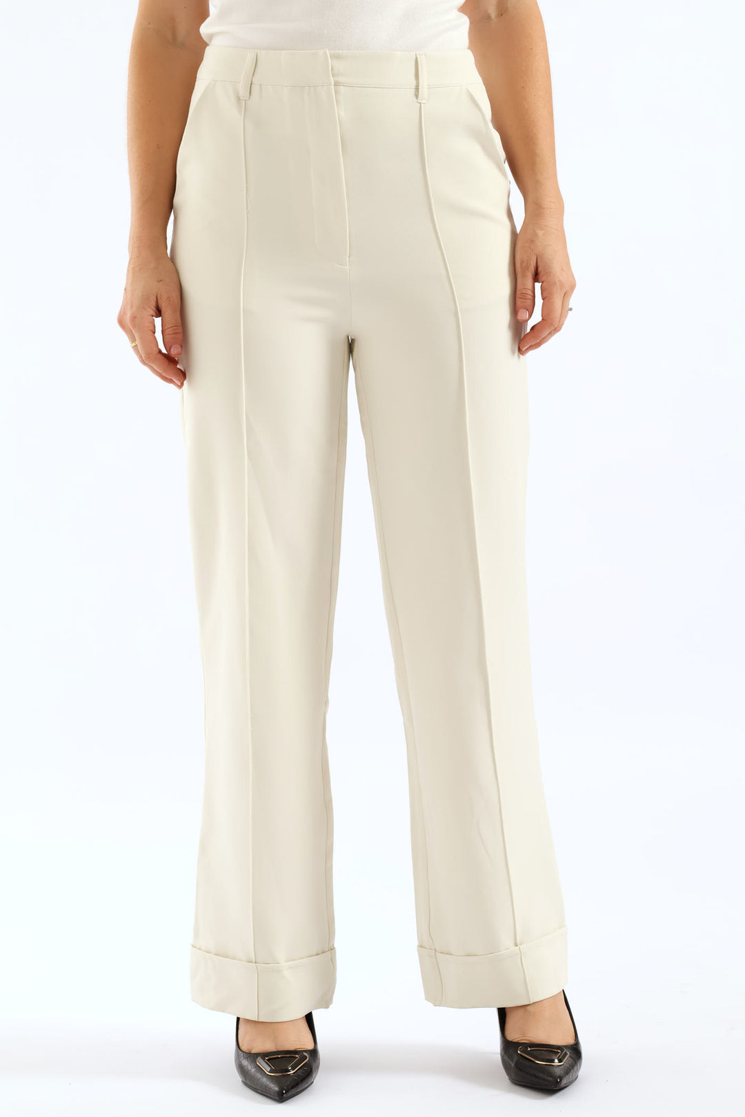 Turn Up Hem Pintuck Straight Leg Pant - Cream