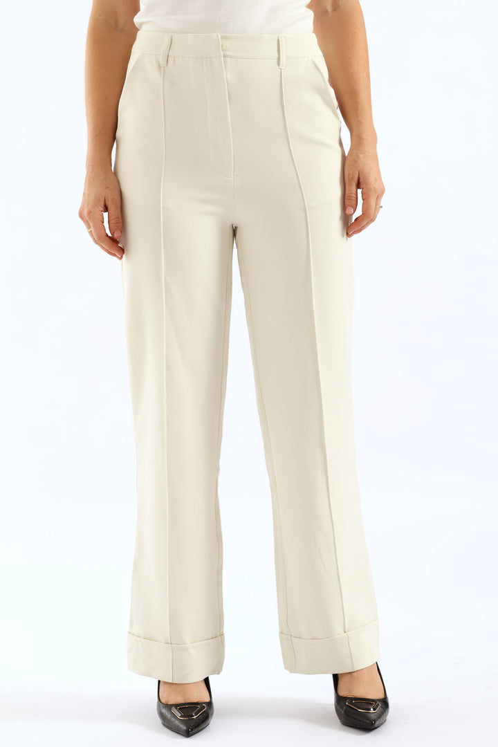 Turn Up Hem Pintuck Straight Leg Pant - Cream