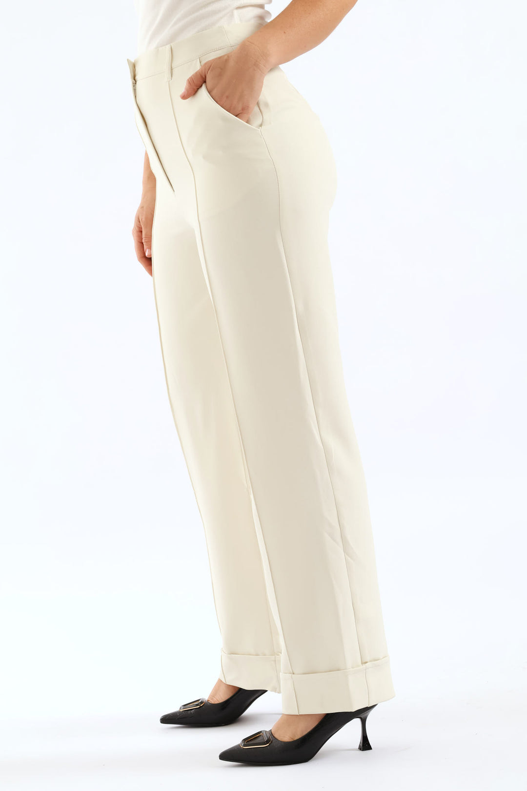 Turn Up Hem Pintuck Straight Leg Pant - Cream
