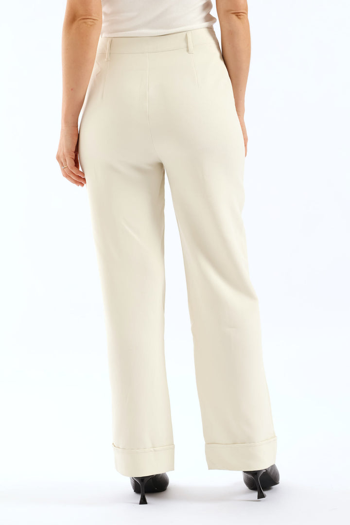 Turn Up Hem Pintuck Straight Leg Pant - Cream