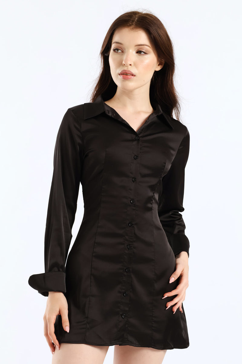 Long Sleeve Slip Mini Dress - Black