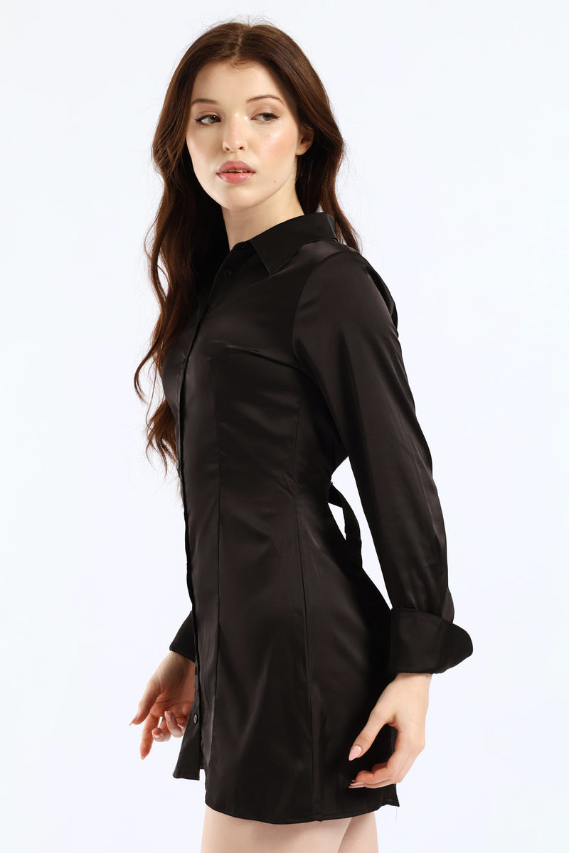 Long Sleeve Slip Mini Dress - Black