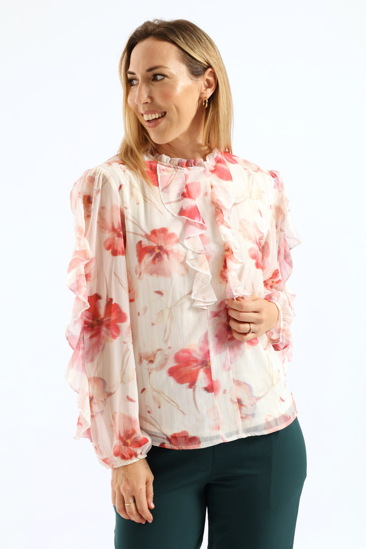 Hineck Ruffle Soft Floral Blouse - Cream