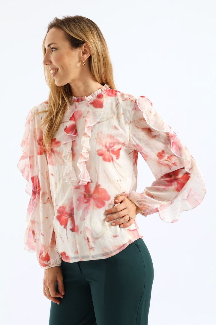 Hineck Ruffle Soft Floral Blouse - Cream