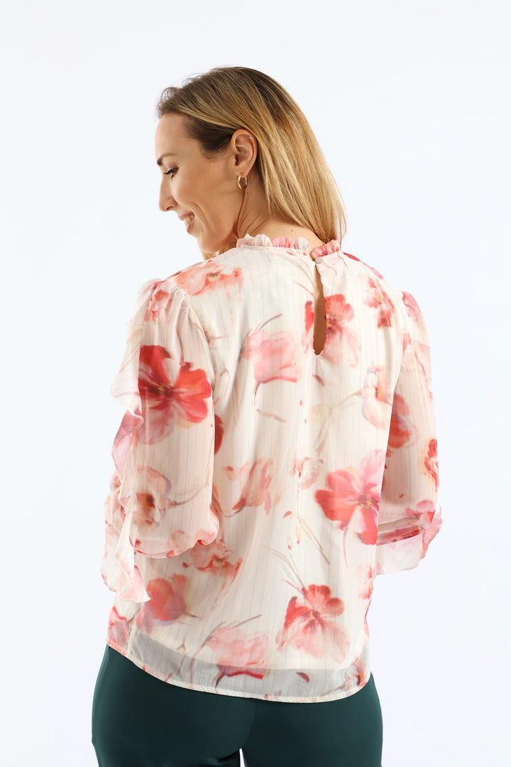 Hineck Ruffle Soft Floral Blouse - Cream