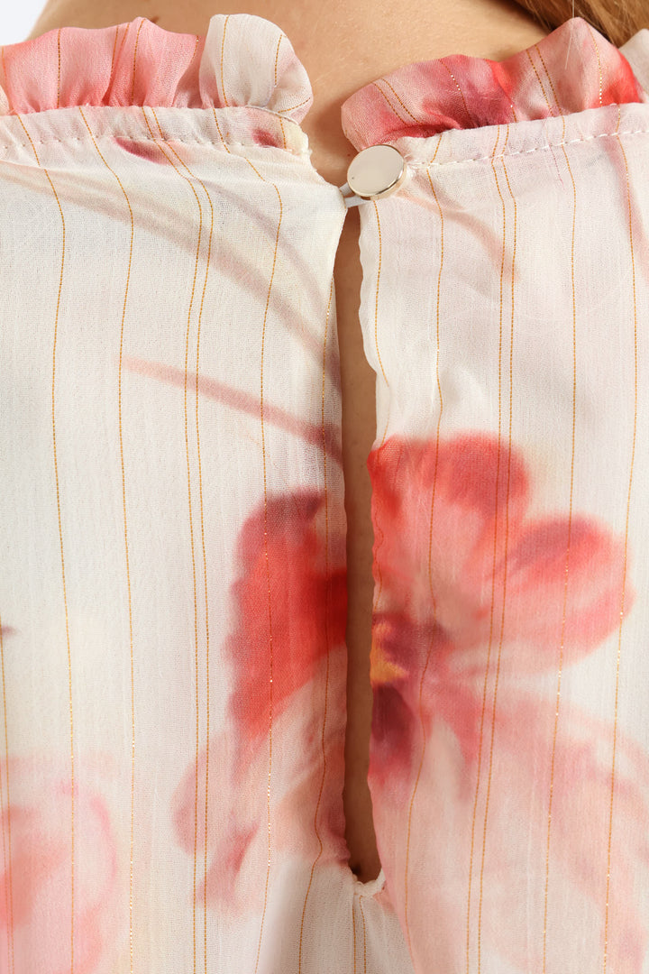 Hineck Ruffle Soft Floral Blouse - Cream