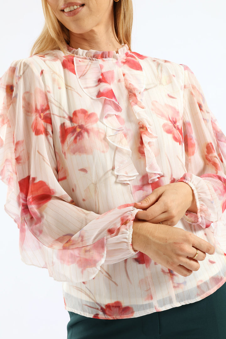 Hineck Ruffle Soft Floral Blouse - Cream