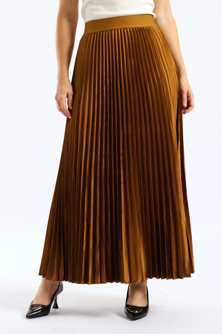 Pleated Satin Maxi Skirt - Burnt Olive