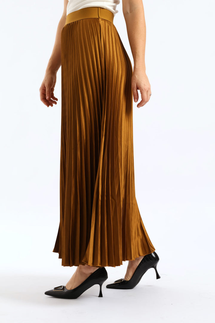 Pleated Satin Maxi Skirt - Burnt Olive