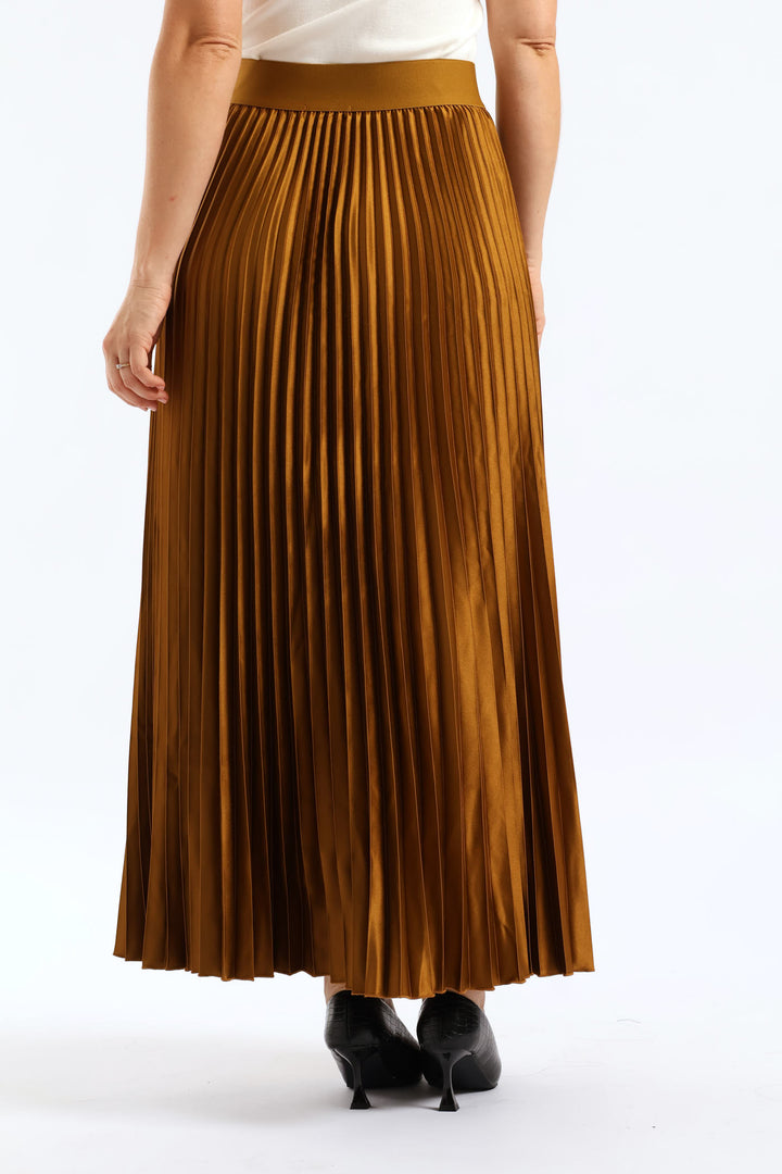 Pleated Satin Maxi Skirt - Burnt Olive