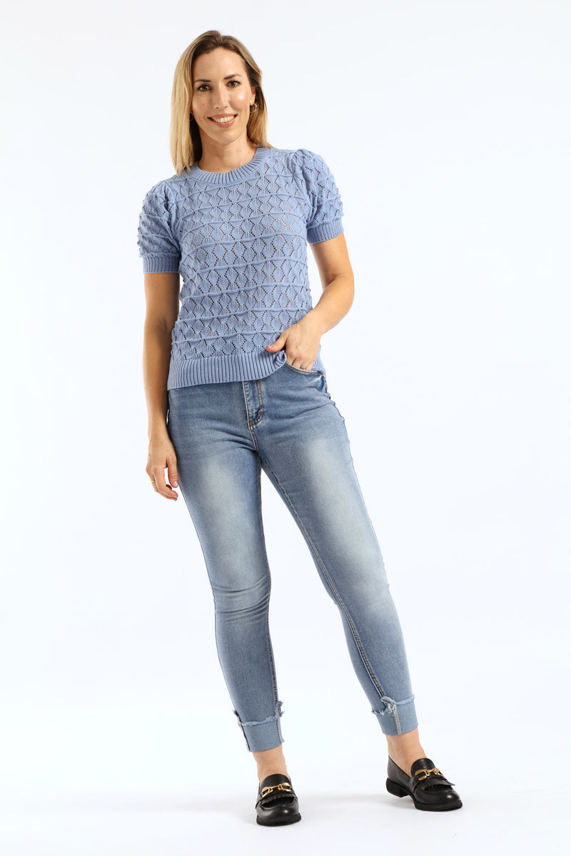 Hi Waist Mid Rise Turnup Skinny Denim - Light Wash