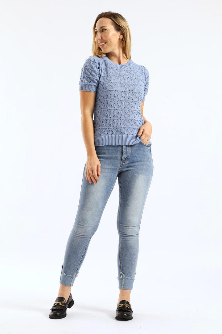 Pointelle Knitwear Top - Dusty Blue