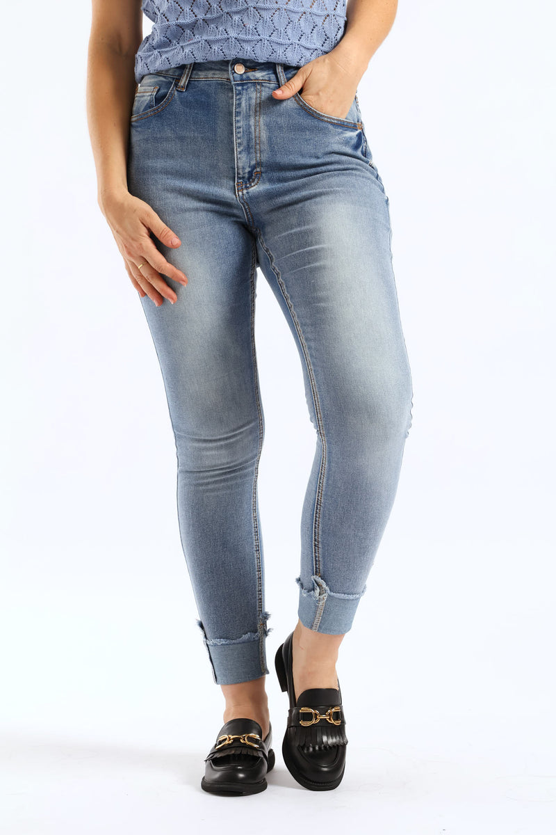 Hi Waist Mid Rise Turnup Skinny Denim - Light Wash