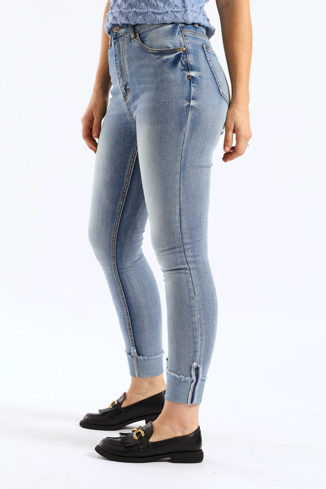 Hi Waist Mid Rise Turnup Skinny Denim - Light Wash