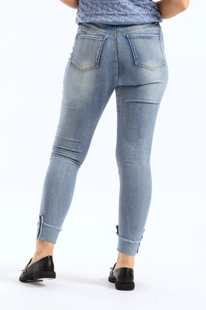 Hi Waist Mid Rise Turnup Skinny Denim - Light Wash