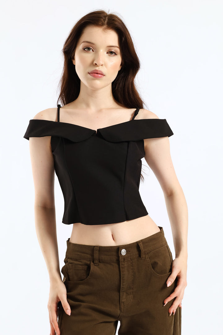 Cropped Off The Shoulder Woven Top - Black